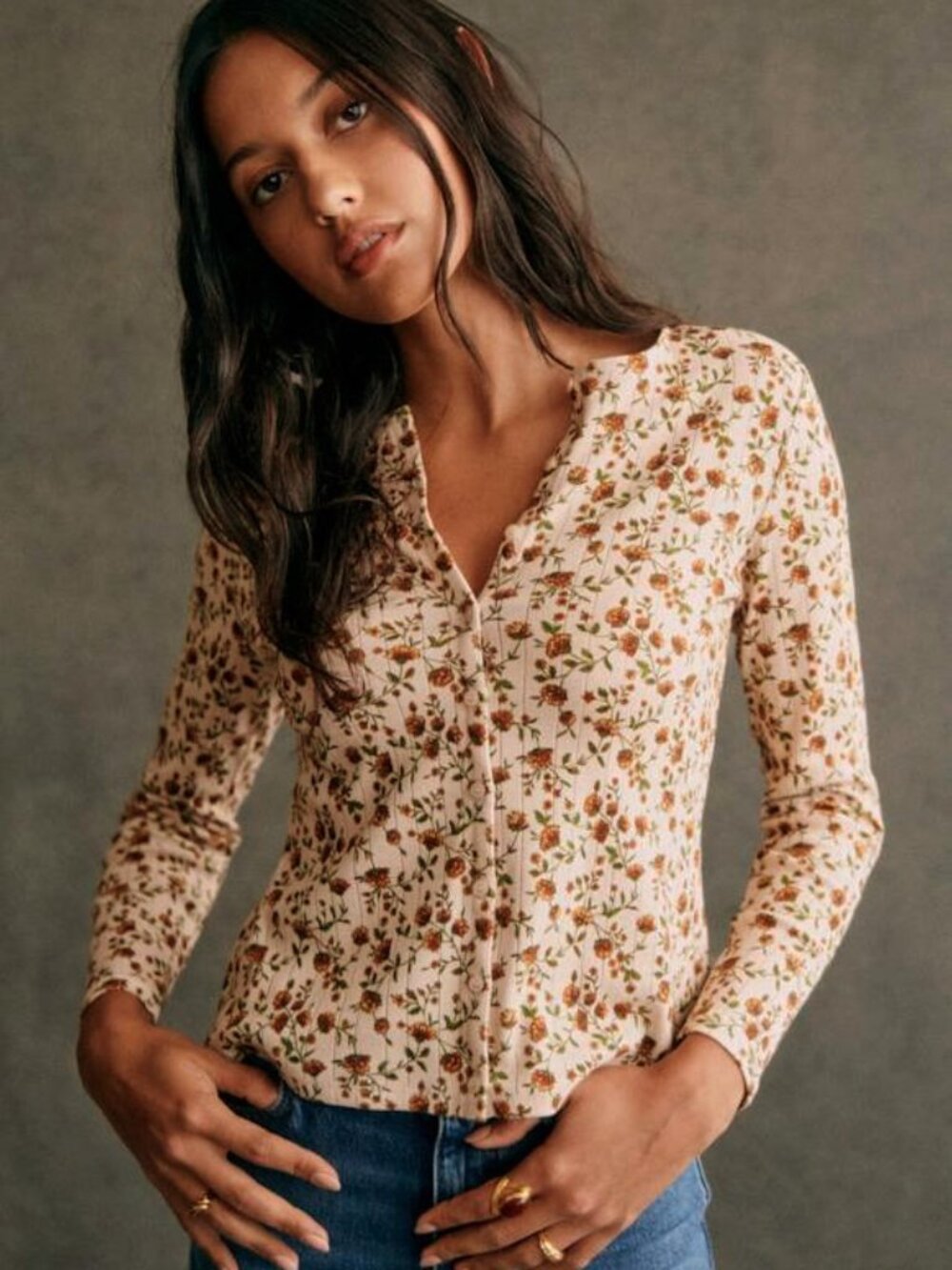 Like New Sezane Lenie 100% Cotton Floral Cardigan Top Ecru XL